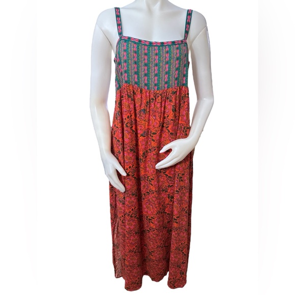 Natural Life Patti Side Slit Maxi Dress Turquoise Orange Mixed Print Medium NWT - Picture 2 of 7